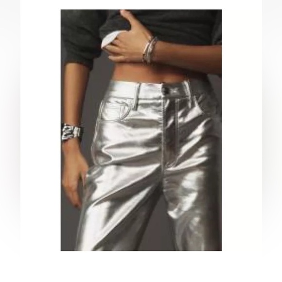 Good American Faux Leather Good Icon Straight Pants SilverMetallic- size 00 - Picture 5 of 5
